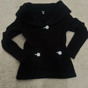 Elaris Black Knit Sweater M Wide Collar Button Detail